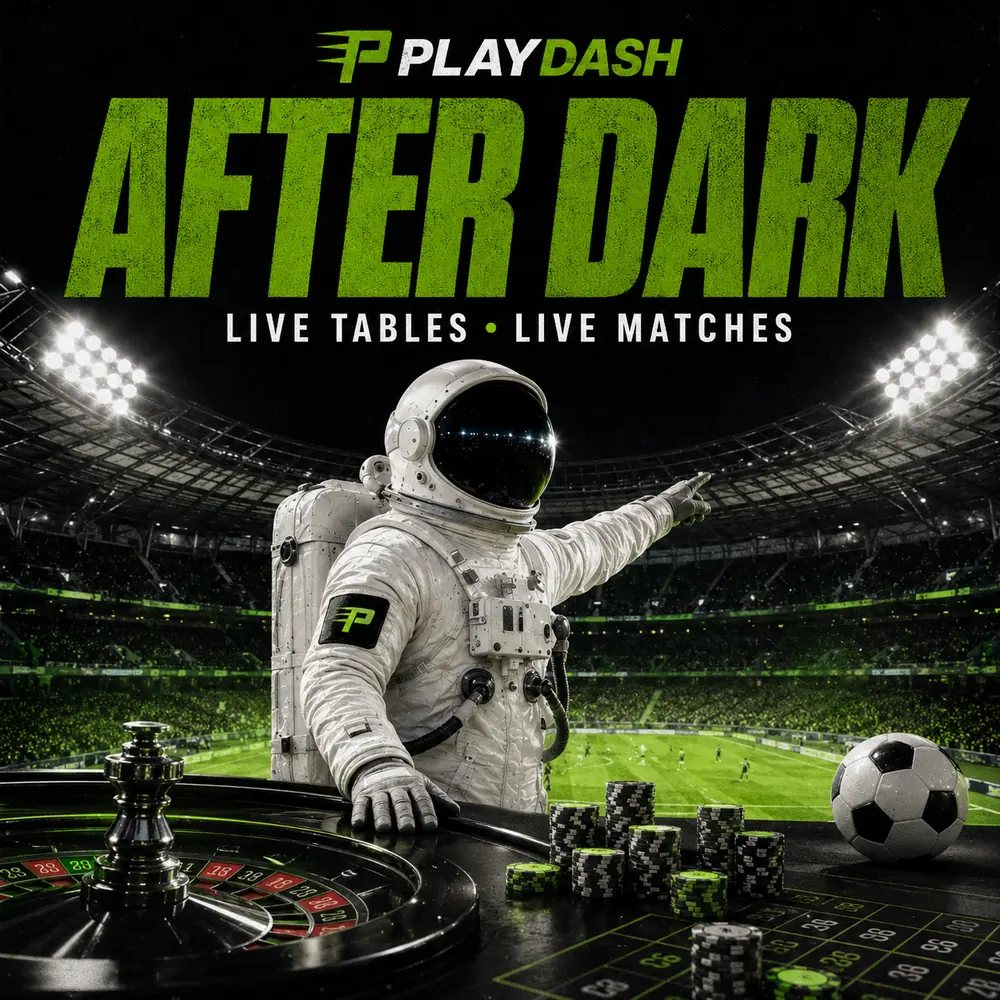 PlayDash astronaut at a live casino table overlooking a night football match